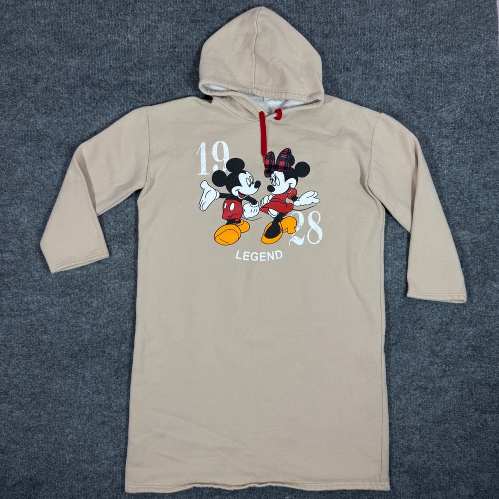 Disney Mickey Minnie Mouse Hoodie Graphic Sweatshirt Dress Womens XL Tan GUC RD